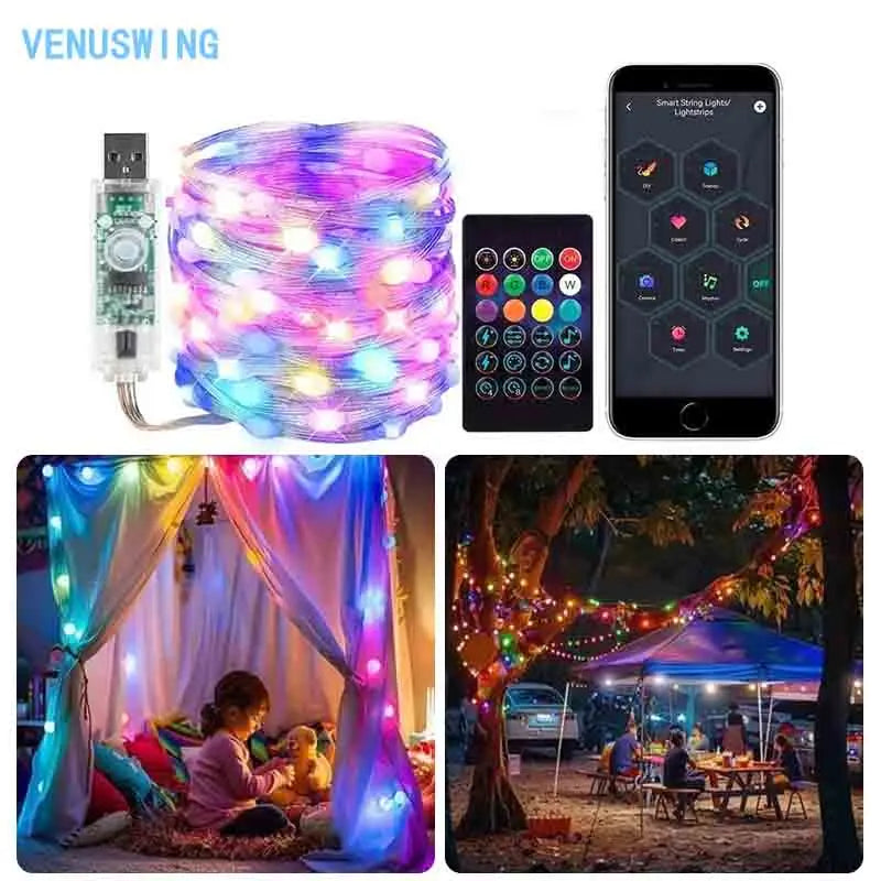 ភ្លើងខ្សែ LED ធ្វើសមកាលកម្មតន្ត្រី RGB ភ្លើងទេពអប្សរ ការពារទឹក DIY កម្មវិធីផ្លាស់ប្តូរពណ៌ ភ្លើងបរិយាកាសពិធីជប់លៀងសម្រាប់ហាឡូវីន