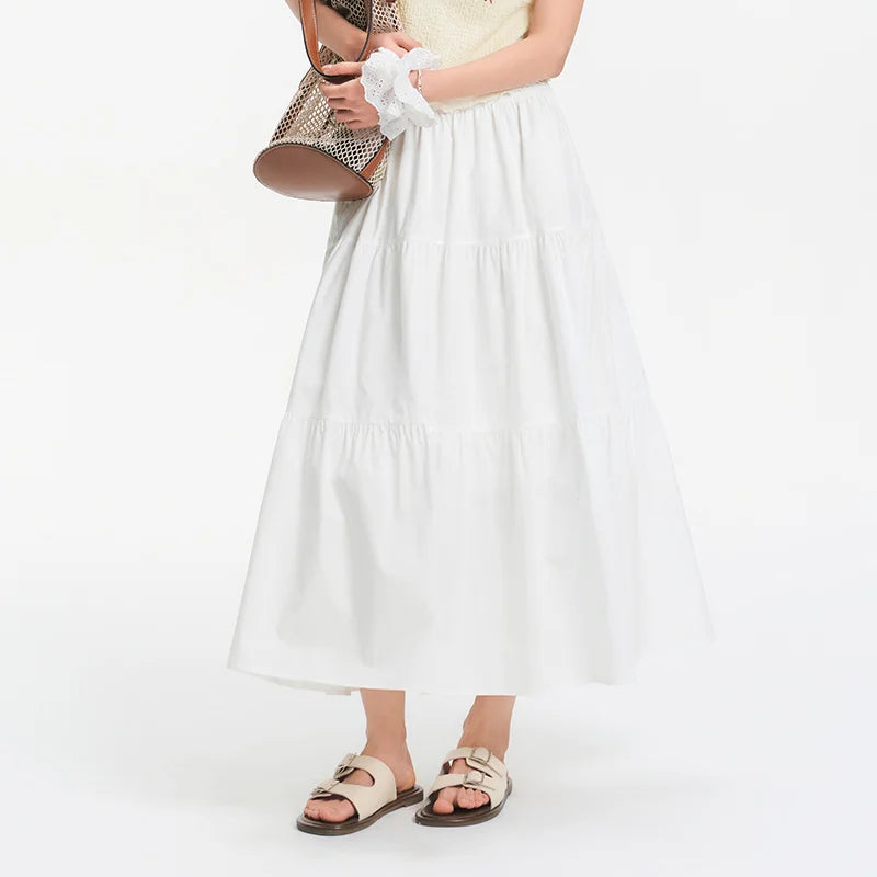 Semir Womens Skirt 2026 White Solid Elastic Waist A Line Cake Style Elegant Versatile Casual Soft