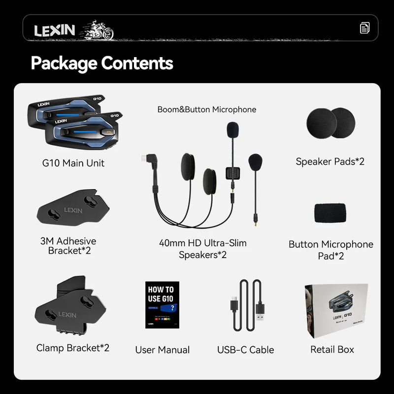 NEW-LEXIN G10 Motorcycle Helmet Intercom, 8 Riders Dual Qualcomm Bluetooth 5.1 Intercom, Parallel Audio- Intercom and Stream Mus