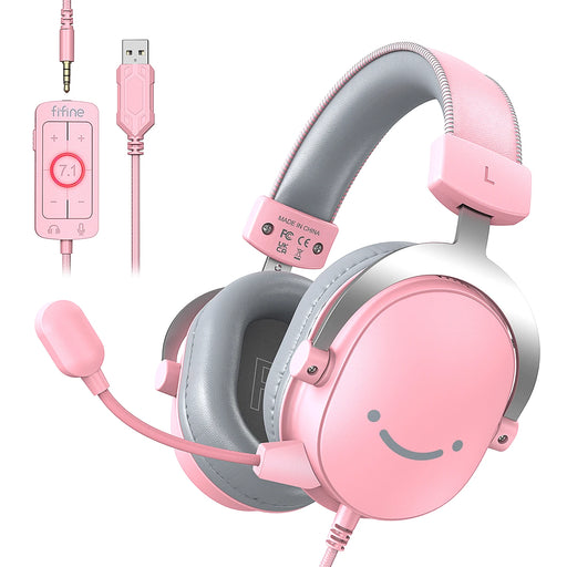 FIFINE USB/3.5mm Gaming Headset with 7.1 Surround Sound/MIC/Line-control,Over-ear Headphone for PC PS4/5 Moblie-Ampligame H9P Pink CHINA