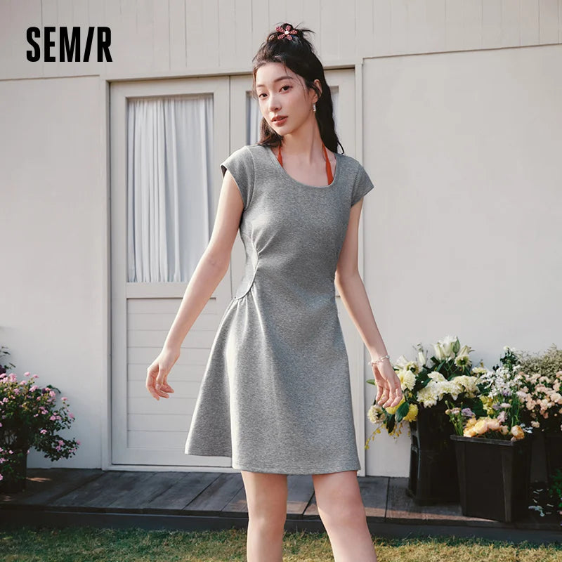 Semir Women Dress U Neck Solid Color Ruched Short Sleeve Minimalist Design Mini 2026 Summer Casual Fashion Top