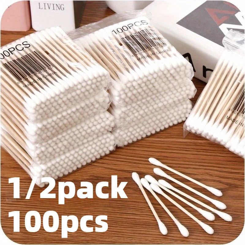 1/2pack 100pcs Double-Ended Swabs, Round Disposable Ear Cleaning Buds,Makeup Wooden Stick Swabs, Multi-Purpose Beauty Tools.