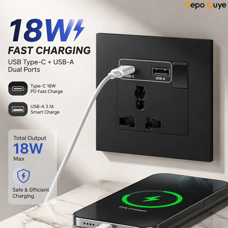 Black UK 13A Wall Socket with USB Type C 18W Quick Charge Plug Socket,Universal Wall power outlet 220V Electrical Light Switch