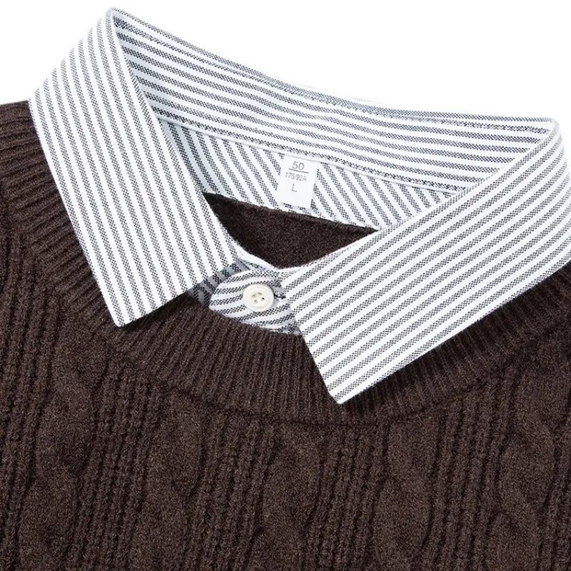 Men's Cable Knit Sweater, Faux Two-Layer Shirt Collar, 550g Wool Blend, 7 Colors Business Casual Knitted Pullover Sweater