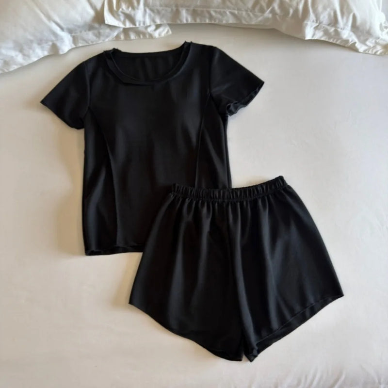 Summer Thin Short Sleeve Sleepwear Women's Pajamas Set New Chest Pad Homewear Nightwear Woman Clothing Set 2 Piece Pijama Suit