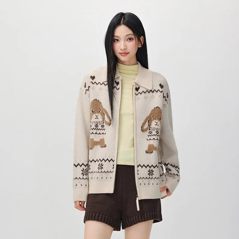 Semir Women Knit Cardigan Turn Down Collar Oversized Fit Geometric Jacquard 2026 New Winter Daily Wear Urban Casual Style