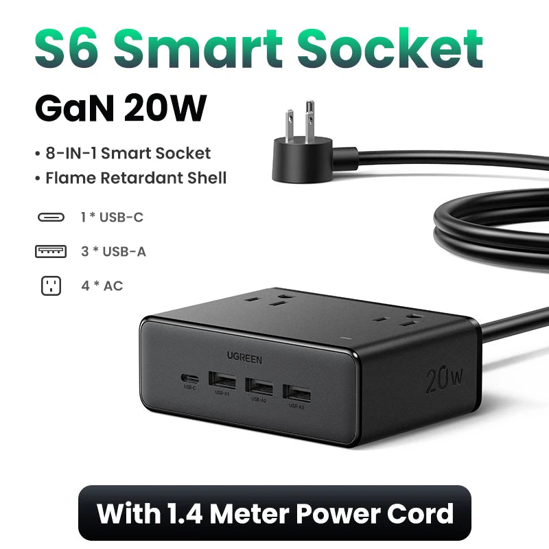 UGREEN 8 in 1 Power Strip US Plug 4 AC Outlets 3 USB-A 1 USB-C 2500W Fast Charger Surge Protector Short Circuit Indicator Light