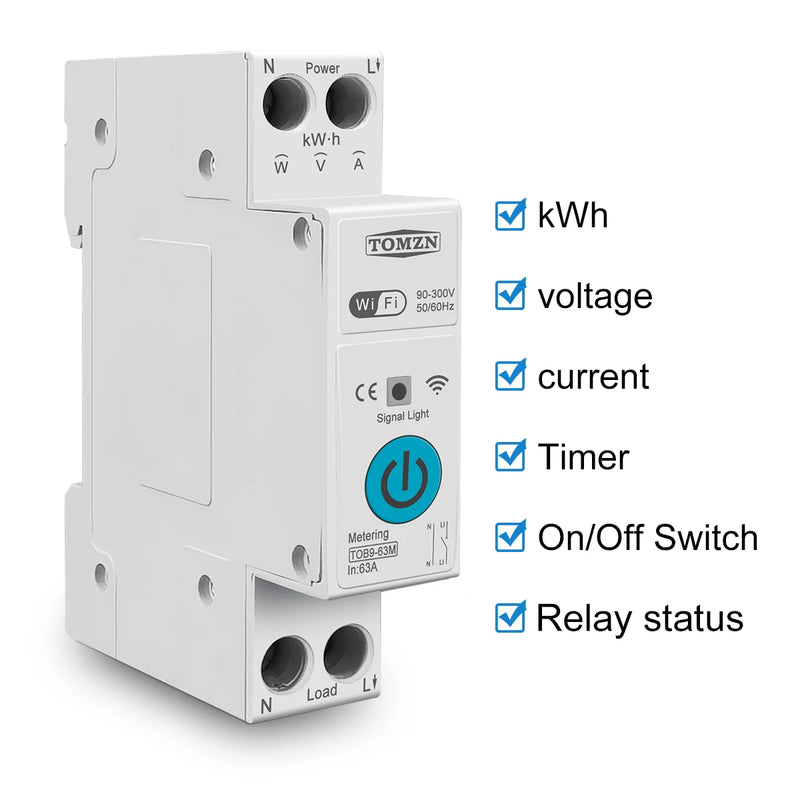 TOB9-VAP 63A 1P+N WIFI Smart Switch Energy Meter Kwh Metering Monitoring Circuit Breaker Timer Relay MCB TUYA Smartlife TOMZN