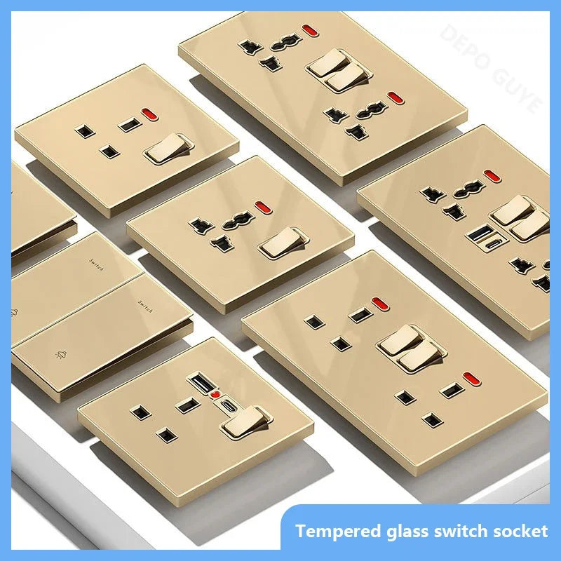 Deluxe Gold Tempered Glass Universal Dual power outlet,UK 13A Wall plug socket with 20W Fast charge,Home Electrical Light Switch