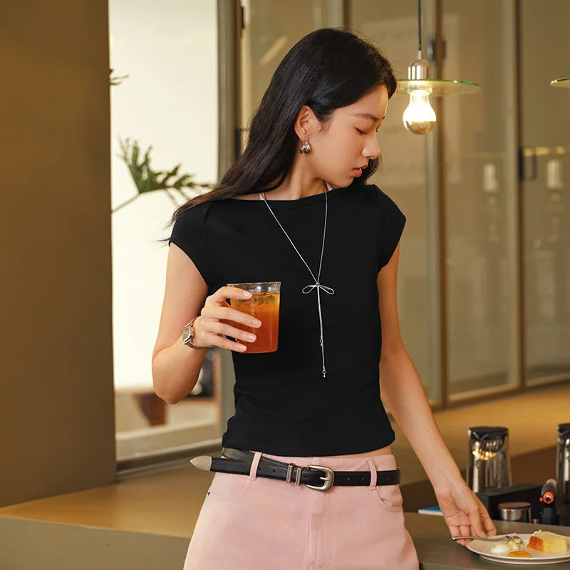 Semir Womens Tshirt 2026 Short Style Slash Neck Slim Solid Color Cool Feeling Casual Fashion