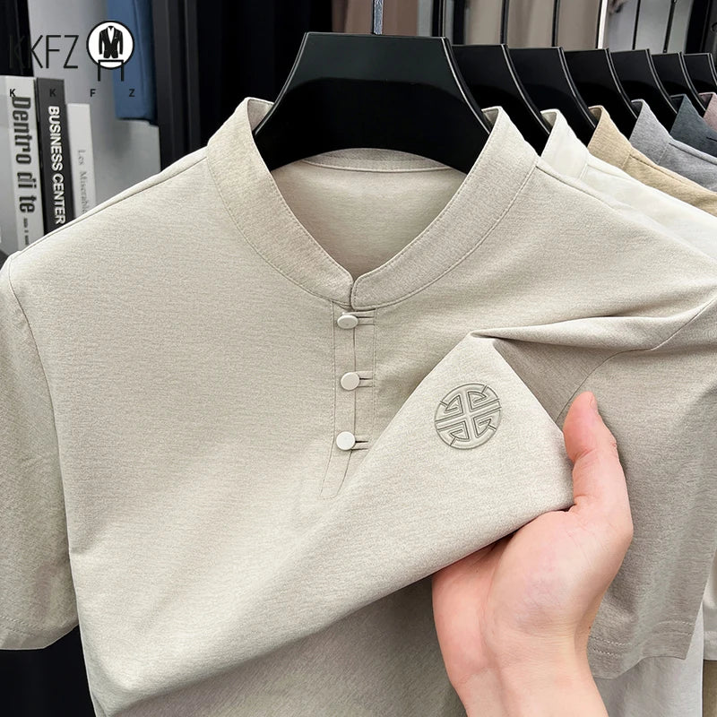 Men Summer Chinese Style Short Sleeve T Shirt Mandarin Collar Frog Button Embroidered Casual Breathable Tee