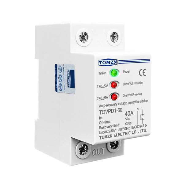 TOMZN 40A 230V Din Rail 3 LED Automatic Reconnect Over Voltage And Under Voltage Protective Device Protector Protection Relay