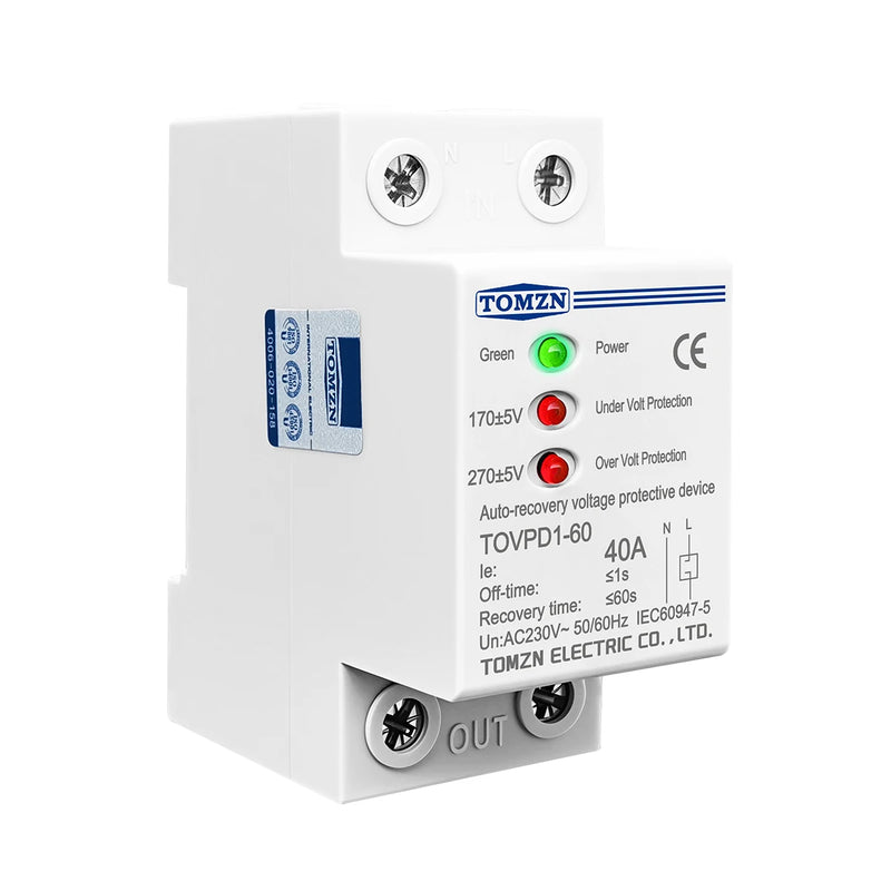 TOMZN 40A 230V Din Rail 3 LED Automatic Reconnect Over Voltage And Under Voltage Protective Device Protector Protection Relay