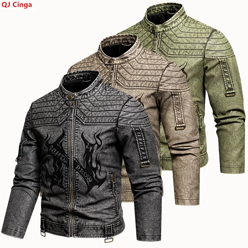 Men's Long-sleeve PU Jacket for Spring and Fall, Available in Gray-black Faux Leather Coat, with Khaki and Green Options.