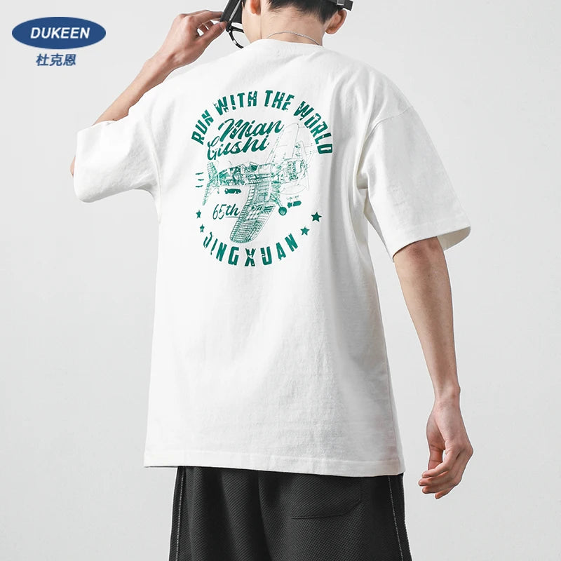 Dukeen 11.2oz Heavyweight Short-Sleeved T-Shirt for Men Summer Vintage Trend Printed 100% Cotton Shirts Man's White Tops 320G