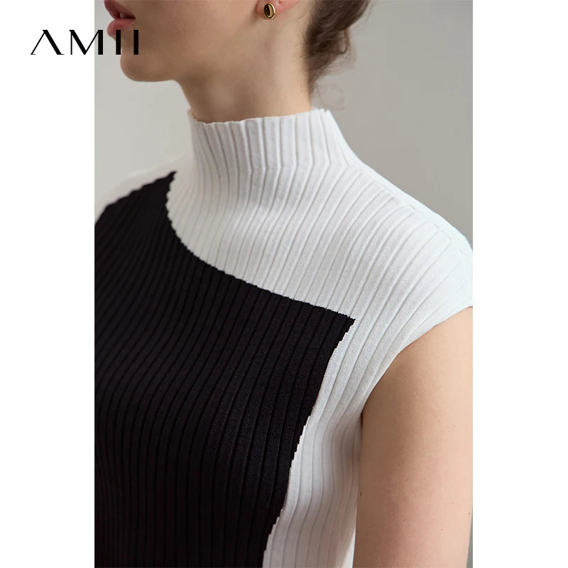 អាវយឺតប៉ាក់សម្រាប់នារី Amii ពណ៌សមល្មម រដូវស្លឹកឈើជ្រុះឆ្នាំ ២០២៥ អាវក្រៅដៃខ្លី កពាក់កណ្តាលអណ្តើក ស្ដើង 12542001