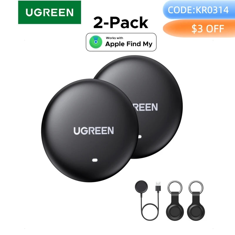 UGREEN FineTrack Item Tracker, Worldwide Locator, 1-Year Battery Life, Wireless Charging, 2-Pack for iOS