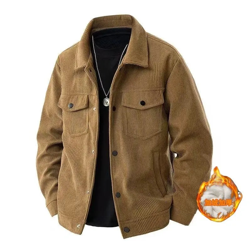 Men's Long-sleeve Collared Jackets for Fall and Winter, Made of Corduroy Fabric with A Fleece Lining and Extra Padding.