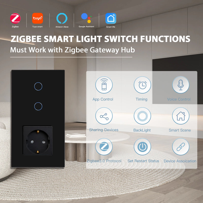 BSEED Zigbee Switch 1/2/3Gang Smart Sensor Switch Tuya Smart Life Control No Neutral Line With Normal EU Wall Socket