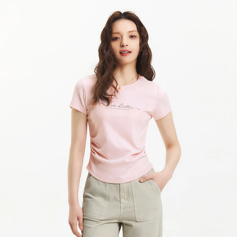 Semir Womens Tshirt 2026 Short Style Slim Printed Regular Shoulder Ruched Waist Slim Fit Casual Soft Daily Wear