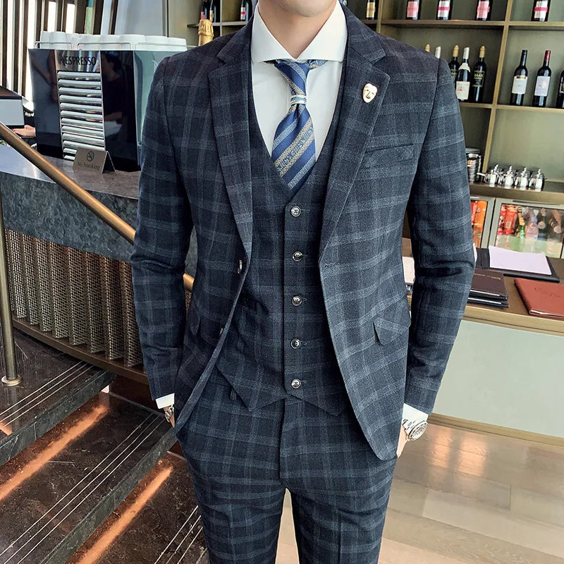 2026 Men Black Classic Striped/Checked Suits, Men's Business Office 3-Piece, Asian Size Slim Fit Sets, Blue/Gray Available