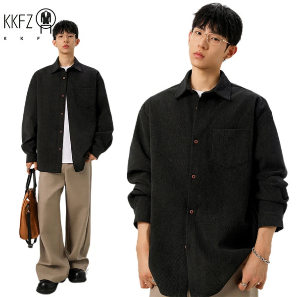 Male Trendy Corduroy Shirt Full Button Lapel Collar Chest Pocket For Short Trip Social Gathering And Street Wear