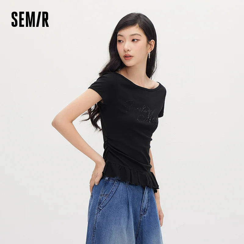 Semir Women Tshirt One Shoulder Ruffle Rhinestone Cropped Top 2026 Summer Fashion