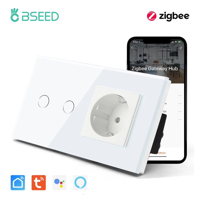 BSEED Tuya Zigbee Smart Switch 1/2/3Gang 1/2/3Way No Neutral Wall Touch Switch Smart Home Control EU Power Socket Without Wifi