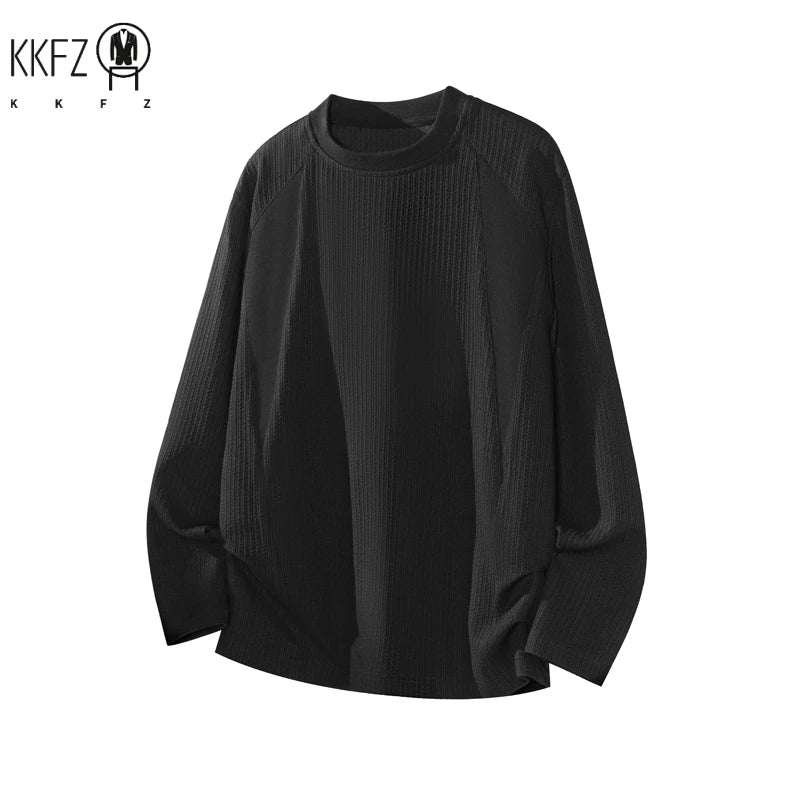 Men Crew Neck Vertical Rib Long Sleeve Base Tee Raglan Seam Soft Stretchy Fabric For Daily Layering Street Style Outfit