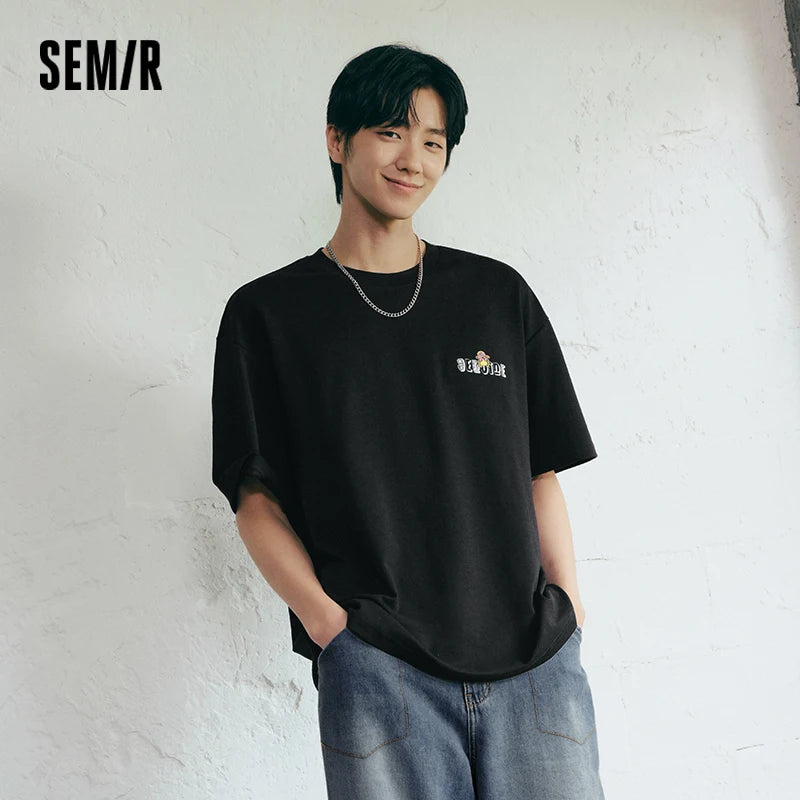 Semir Mens Tshirt 2026 American Graffiti Printed Embroidery Loose Crew Neck Knitted Casual Trendy