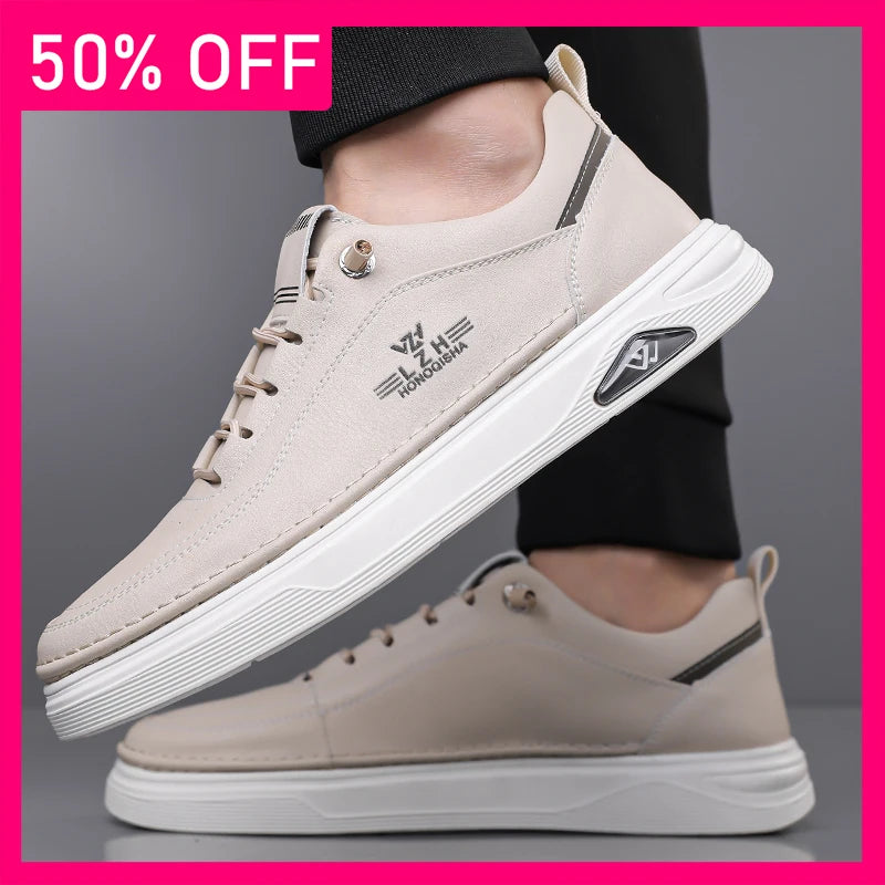Men Casual Shoes Anti Slip Thick Sole Comfortable Soft Leather Breathable Fashionable Versatile Lace Up Outdoor Walking Shoes