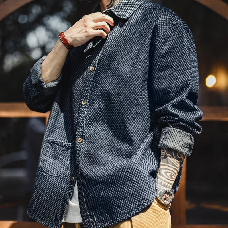 អាវ Denim ដៃវែង Maden Retro រលុង បែប Checkered Lapel អាវ ក្រៅ សម្រាប់ បុរស រដូវផ្ការីក និង រដូវស្លឹកឈើជ្រុះ អាវក្រៅ ដែល អាច ប្រើប្រាស់ បាន ច្រើន យ៉ាង