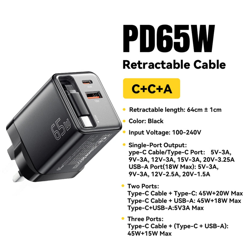 ឆ្នាំងសាក Essager 65W GaN ជាមួយខ្សែរ PD សាកថ្មលឿនសម្រាប់កុំព្យូទ័រយួរដៃ Macbook iPhone 17 16 15 Xiaomi Type-C ឆ្នាំងសាកទូរស័ព្ទ