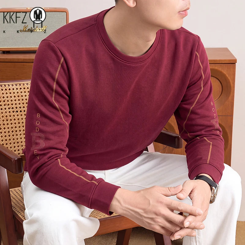 Autumn Leisure Long Sleeve Thermal Shirt Men Round Neck Decorative Sleeve Stitch Elastic Basic Daily Top