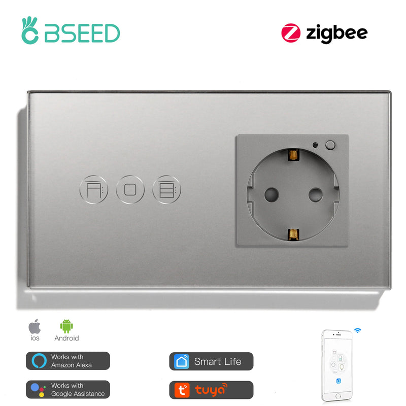 BSEED Tuya Zigbee Shutter Touch Switch For Electric Motor Roller Shutter Plus Zigbee Smart Socket Google Home Alexa App Control