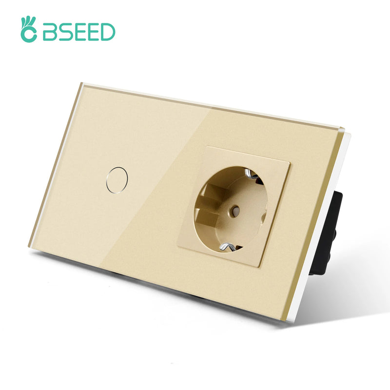 BSEED 1Gang Touch Screen Light Switches LED Backlight Wall Switches With Socket USB Type-C Charge Port Glass Panel Max.Load 300W
