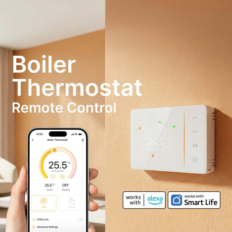 Smart Wireless Tuya Thermostat WiFi Daily Programmable Heating Cooling Temperature Controller for Gas Boiler, Battery Powered