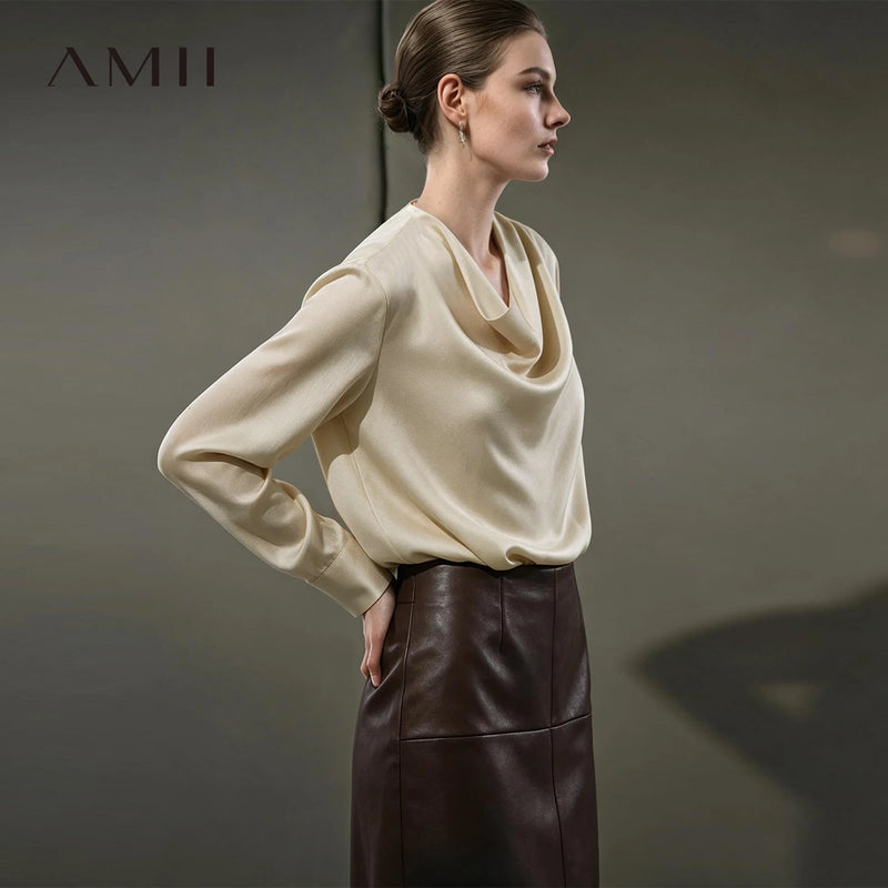 Amii Women's Satin Long Sleeve Blouse Draped Neck Elegant Oversized Minimalist Business Casual Top Autumn Woman clothes 12623131