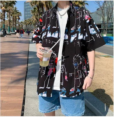 2026 Summer Men's White Short Sleeve Printed Shirt, Beach Vacation Shirts, White Black Gray Green Blue Loose Top, 2025 New