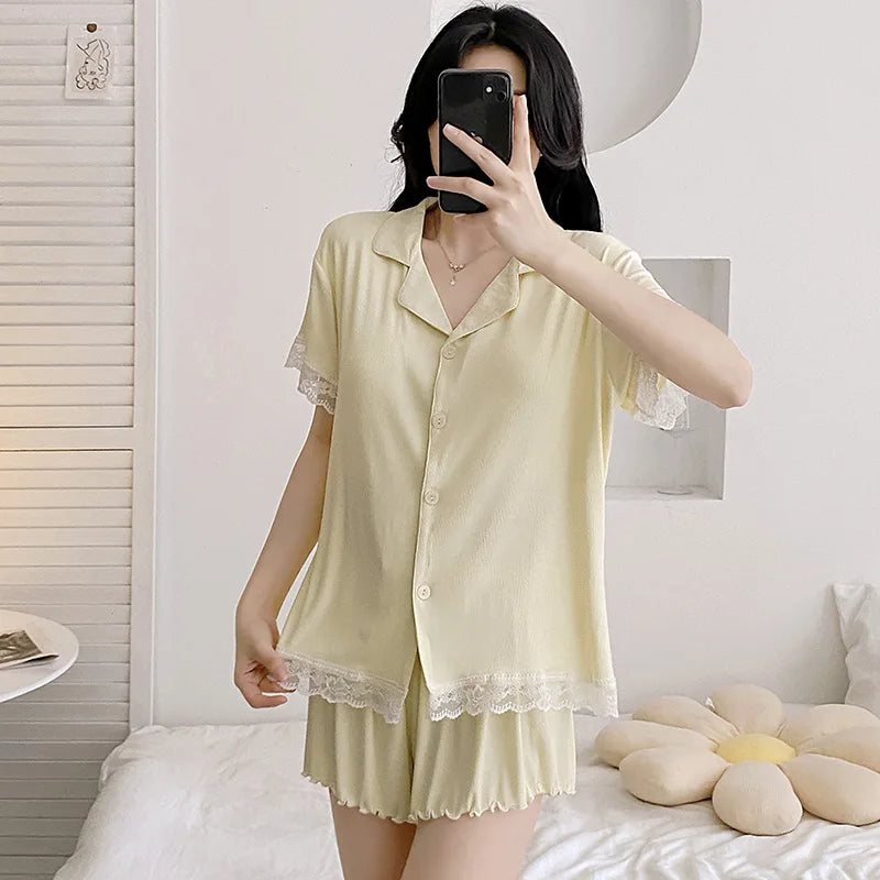 New Summer Pajamas Chest Pad Pink Sleepwear Short Sleeve Nightwear 2 Pieces Set for Woman Loungewear Sleep Lounge Wear Pijama