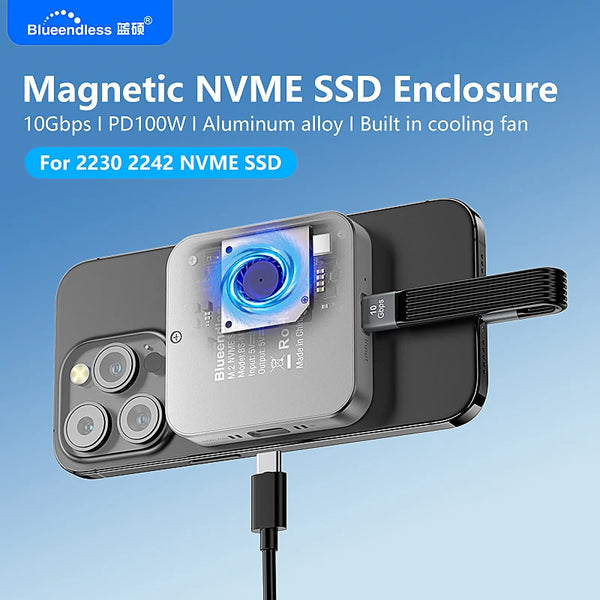 ប្រអប់ Blueendless Magnetic M2 2230 2242 NVMe SSD ជាមួយកង្ហារត្រជាក់ 100W PD Charging Type C NVMe PCIE SSD សម្រាប់ iPhone Mac