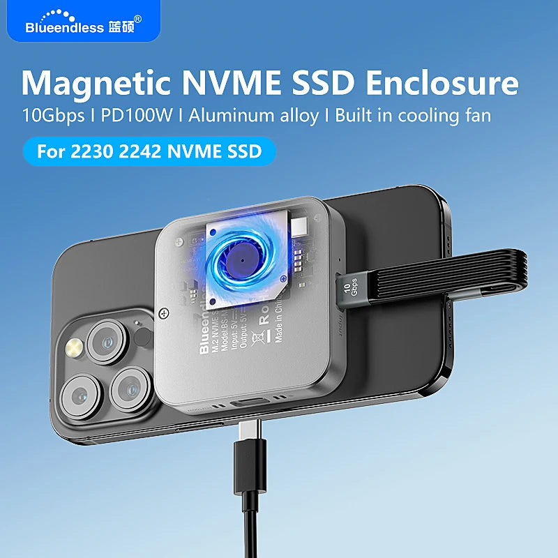 ប្រអប់ Blueendless Magnetic M2 2230 2242 NVMe SSD ជាមួយកង្ហារត្រជាក់ 100W PD Charging Type C NVMe PCIE SSD សម្រាប់ iPhone Mac