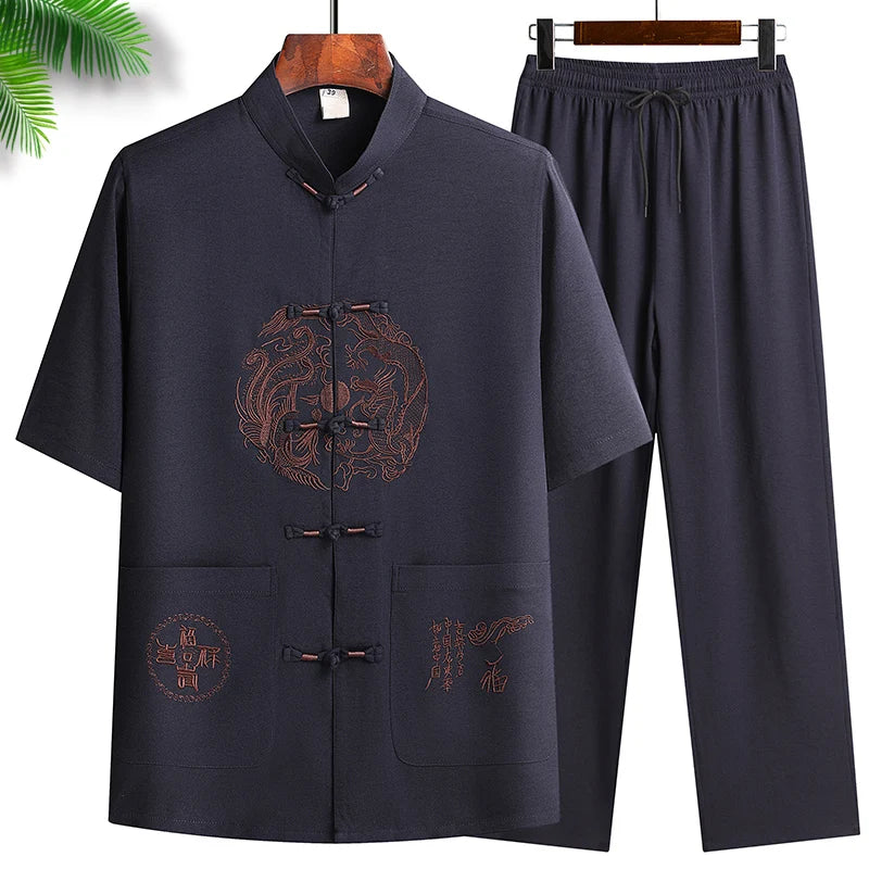 Chinese-style Men's Stand-collar Two-piece Set: A Summer Short-sleeve Shirt Paired with Cropped Pants. Red,Blue,Green,Khaki,Gray