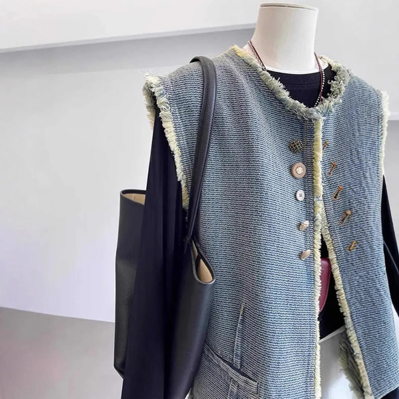Retro Rough Edge Denim Vest Jacket Women's Spring Autumn Coat Fashionable Loose Sleeveless Top Female Waistcoat Casacos Traf