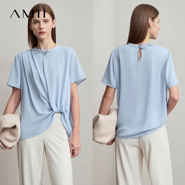អាវ Amii Minimalist Premium Chiffon សម្រាប់នារី រដូវក្តៅ ឆ្នាំ២០២៥ កមូល អាវការិយាល័យ រចនាផ្កា ខ្សែសង្វាក់រំយោល ពណ៌តែមួយ 12542251