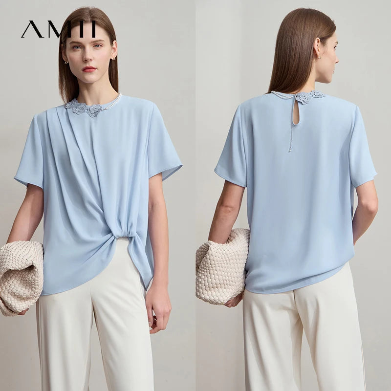 អាវ Amii Minimalist Premium Chiffon សម្រាប់នារី រដូវក្តៅ ឆ្នាំ២០២៥ កមូល អាវការិយាល័យ រចនាផ្កា ខ្សែសង្វាក់រំយោល ពណ៌តែមួយ 12542251