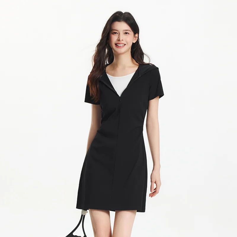 Semir Women Dress Hooded 2026 Faux Two Piece Slim Fit Pleated Waist Urban Casual Everyday Style Soft Comfortable Daily Wear