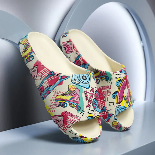 Hip Hop Music Graffiti Printed Slide Sandals Soft Cushioned EVA Cloud Slides Indoor Outdoor Beach Shower Slippers Big Size