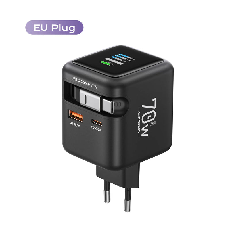 ឆ្នាំងសាកលឿន GaN 70W ជាមួយខ្សែ Type-C ដែលអាចដកថយបាន 3 ក្នុង 1 PD3.0 QC4.0 PPS សាកថ្មលឿនសម្រាប់ iPhone 16 15 14 Xiaomi ថេប្លេត កុំព្យូទ័រយួរដៃ