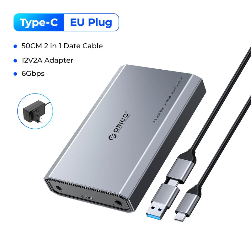 ORICO 3.5" 6Gbps Hard Drive Enclosure Type-C Heat Dissipation External HDD Case Aluminum Alloy & ABS with 12V2A Power Adapter